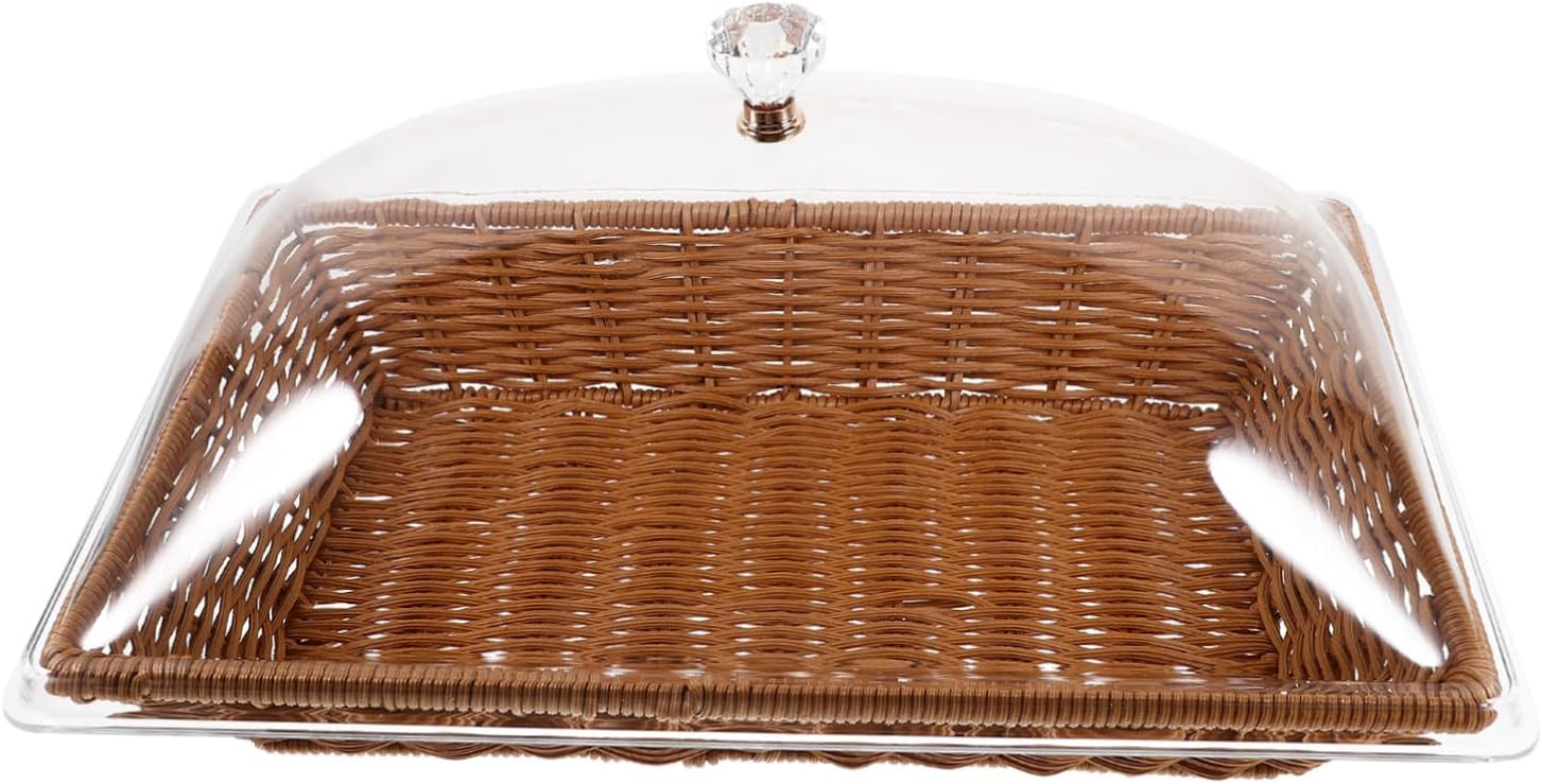 1 Set Woven Bread Basket with Clear Lid Versatile Tabletop Food Serving Basket for Snacks Fruits Vegetables and Desserts for Parties and Gatherings