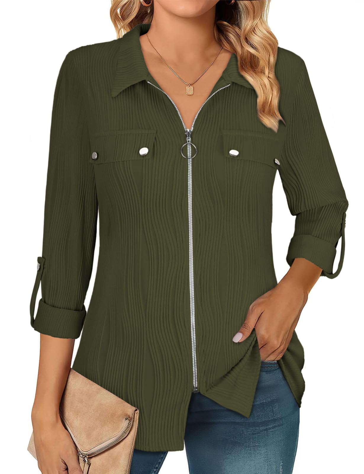 Zamowoty Womens Long Sleeve Shirts Roll Up V Neck Collared Blouses Zip Front Dressy Business Casual Tops
