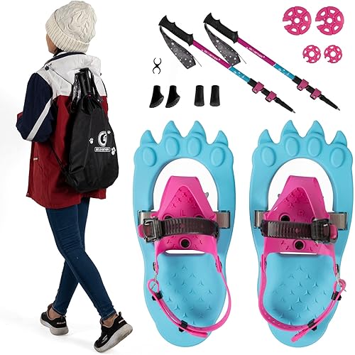 G2 16 Inch Kids Snowshoes Set with Trekking Poles, Storage Bag, Fast Ratchet Binding and Buckle Design, for Child Youth Boys and Girls (Green/Blue)