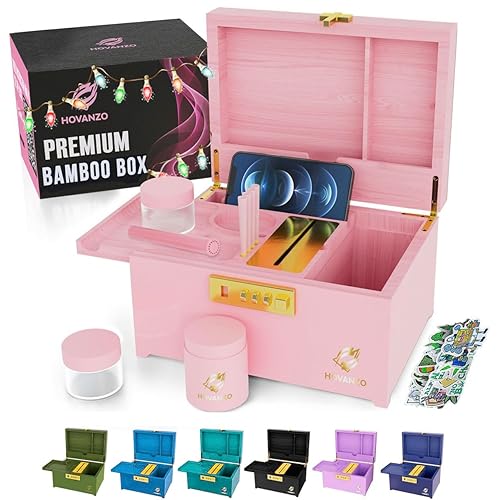 HOVANZO Upgraded Premium Large Bamboo Box - Locking Storage Decorative Box with Combination Lock - Wood Lock Box with lid - Wooden Locking Storage Box with Removable Tray and Jars (PINK) - Pink