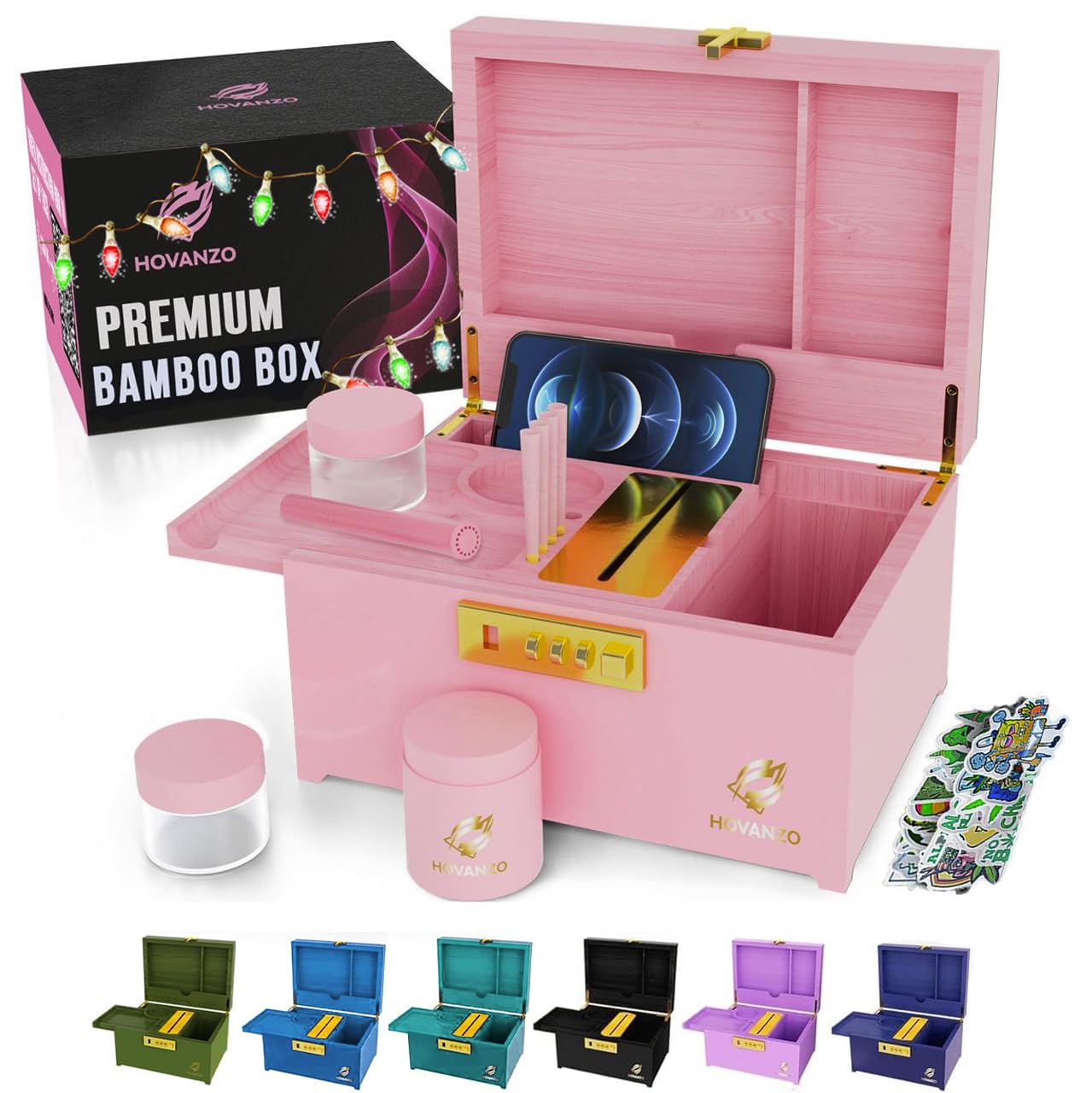 HOVANZO Upgraded Premium Large Bamboo Box - Locking Storage Decorative Box with Combination Lock - Wood Kit with lid - Wooden Locking Storage with Removable Tray and Jars