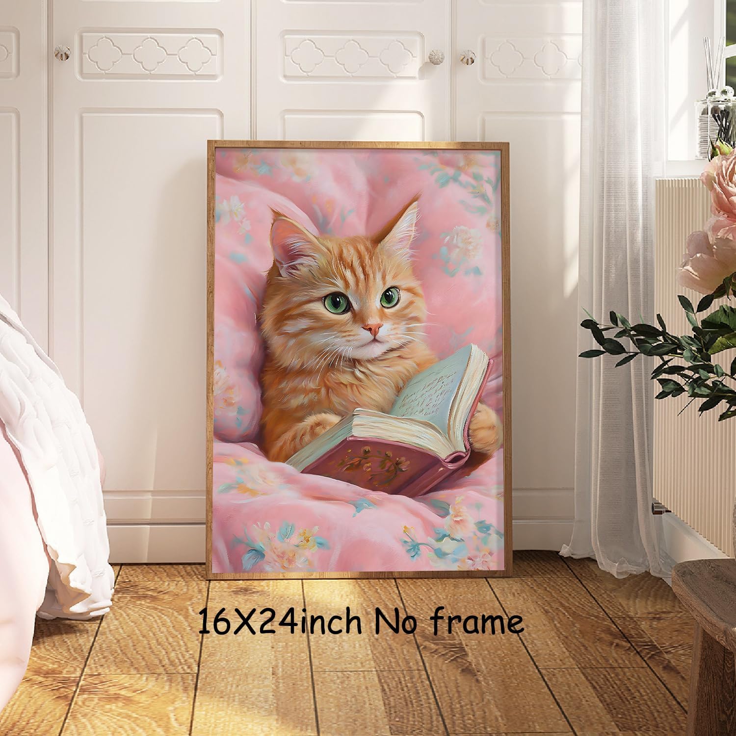 Cat Reading Book Wall Art Funny Aesthetic Cat Paintings Artwork Trendy Animal Poster Cats Floral Wall Art Animals Reading Books Prints Cute Pink Cats Picture Wall Decor 16x24in Unframed
