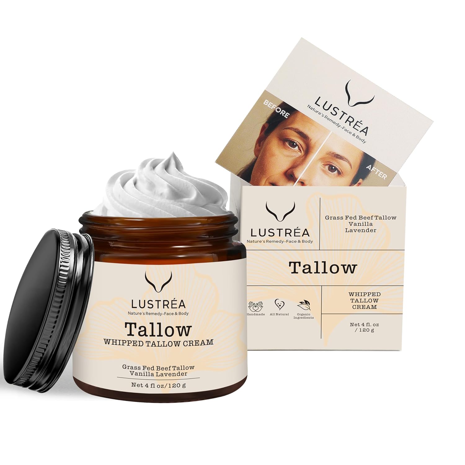 Whipped Tallow Cream 4oz | Grass Fed Beef Tallow Balm for Face & Body | Unscented Tallow Moisturizer for Dry Skin, Eczema Relief, Anti Aging & Sensitive Skin (120 gram, Vanila-Lavender)