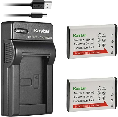 Kastar Paquete de 2 baterías y cargador USB delgado compatible con batería Casio NP-90 NP-90DBA, cargador BC-90L, Casio Exilim EX-FH100 EX-FH100BK,