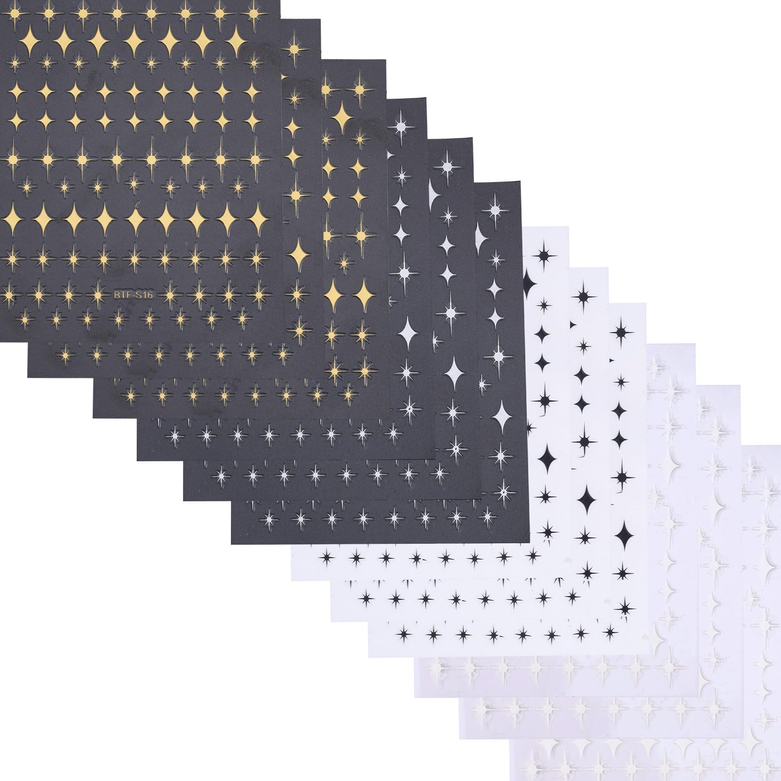 BOXOB 12 Sheets Star Nail Stickers, 3D Self Adhesive Star Nail Decals Fingernail Design Decorations Manicure Art Supplies for Women Girls Acrylic Nails Decor (Gold, Silver, Black, White)