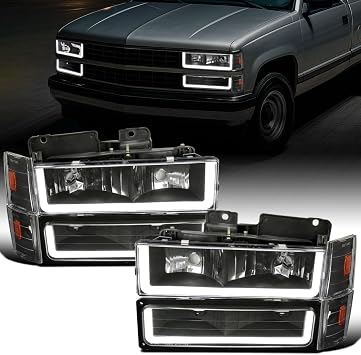 Ronnin - Fits 1988-1993 Chevy GMC C10 C/K 1500 2500 3500 Suburban Blazer Tahoe Silverado Sierra Upgraded LED Running Tube Lights Headlights + Bumper Lights + Corner Lamps Assembly Pair | Black