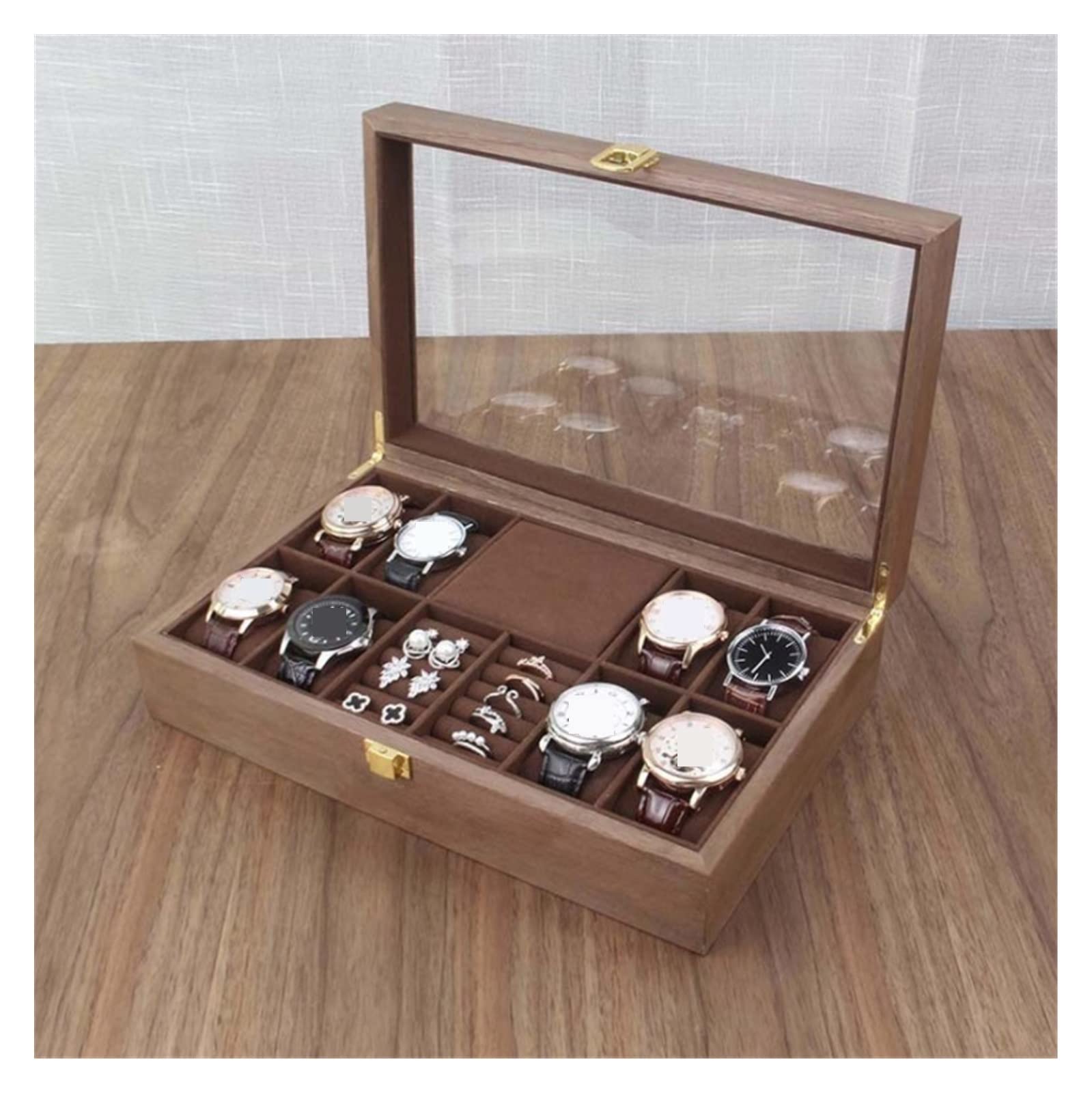 YNIYUJKL Watch Case Watch Roll Watch Winder Wood Watch Jewellery Storage Box With Clear Top Lockable Ring Earrings Jewelry Display Case Organizer Watch Box Watch Organizer