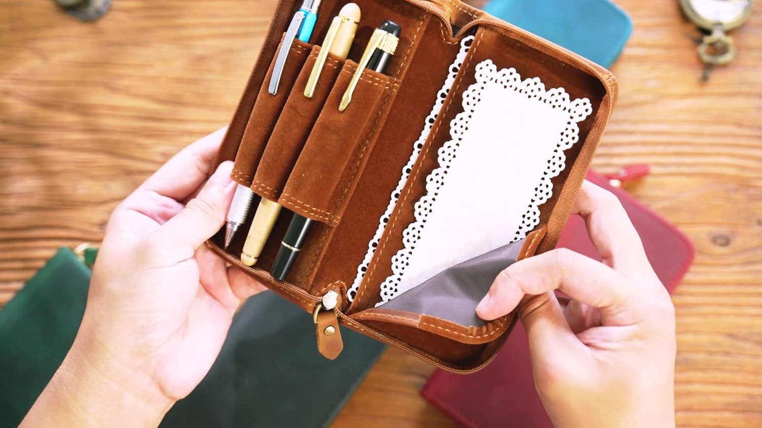 Leather Fountain Pen Case,Full Grain Leather Pen Holder,Shockproof 3 Divided Slots,Portable Storage Bag for Invoice/Receipt/Cards/Coupon/Tickets