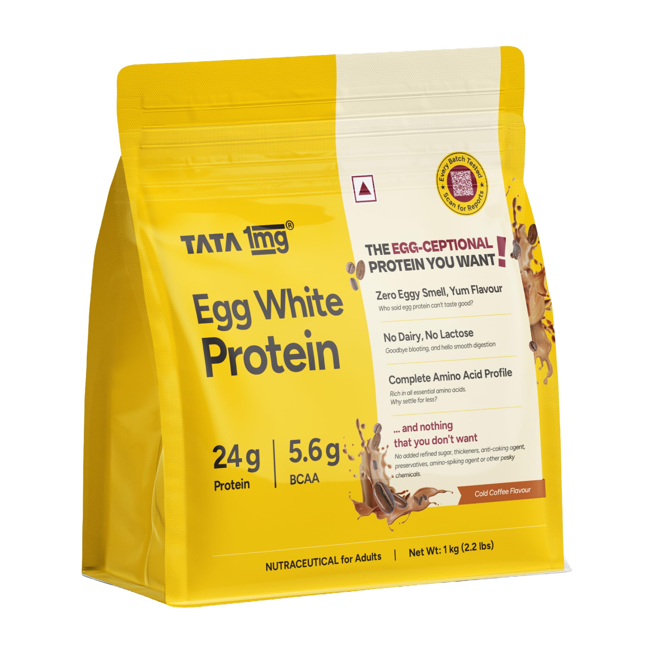 Tata 1mg Egg White Protein Powder | 24g Protein | 5.6g BCAAs per Serve | Cold Coffee