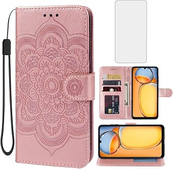 Case for Redmi 13C 4G/5G/Poco M6 5G/Poco C65/Redmi 13R 5G Wallet Case with Tempered Glass Screen Protector, Leather Flip Credit Card Holder Stand Phone Cover for Xiaomi Redmi 13C Rose Gold