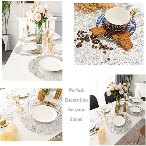 Miniatura 4 de Juego de 6 manteles individuales redondos de lentejuelas para mesa de comedor, manteles individuales dorados, lavables con purpurina para decoración