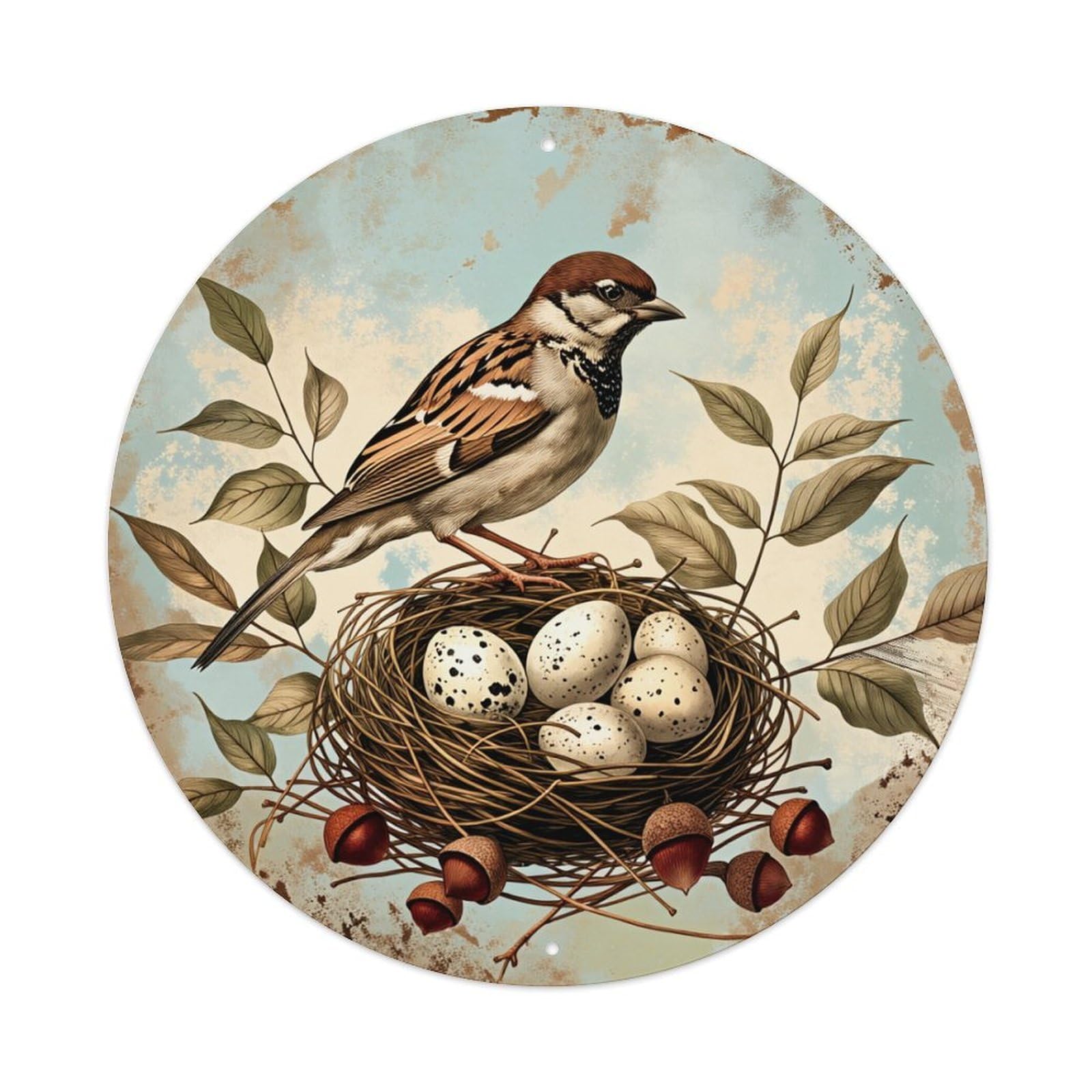 Bird Nest Eggs Leaves Acorns Round Tin Sign Retro Metal Sign for Cafe Bar Pub Home Game Room Gym Club Wall Decoration Vintage Metal Poster 8x8 Inch
