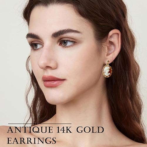 Miniatura 4 de Aretes colgantes de silueta de camafeo de inspiración vintage, aretes de oro de 14 quilates para mujer