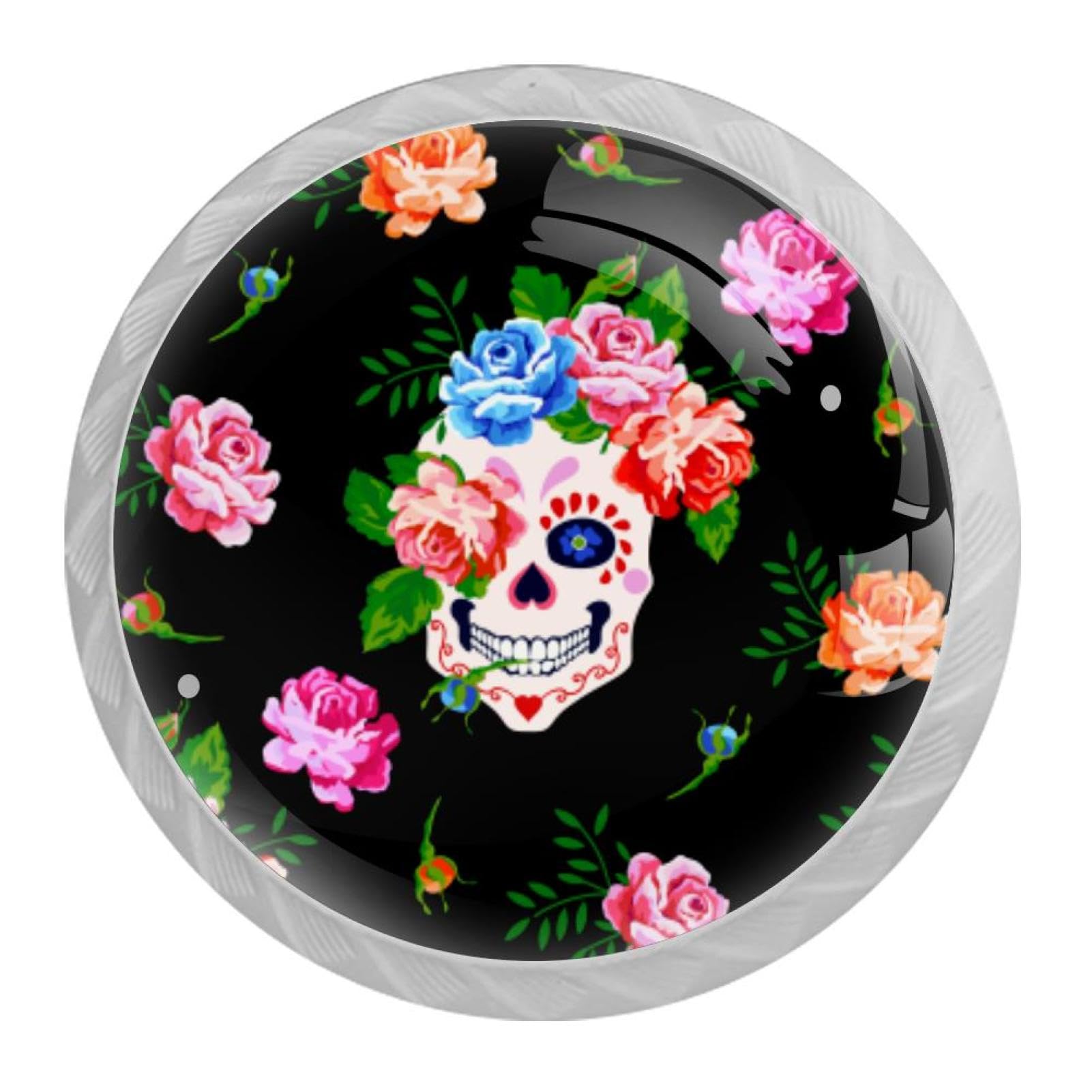 Tqmspg Multi09 4 Pieces Drawer Pulls Skull And Floral Flowers Pattern Door Knobs Dresser Handles For Kitchen Wardrobe Cupboard Hardware Furniture