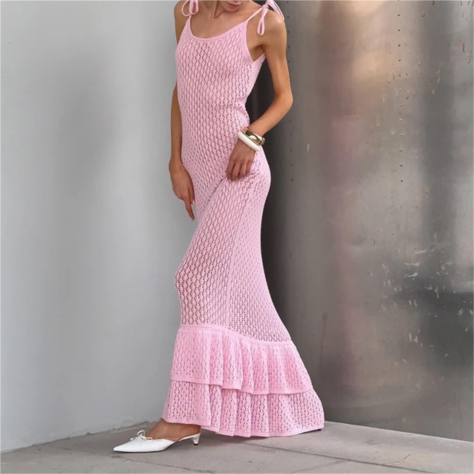 Vestido de Playa Sólido Malla Punto Casual Sin Mangas Espalda Atar Vestidos Fruncidos Verano Halter Ahuecado