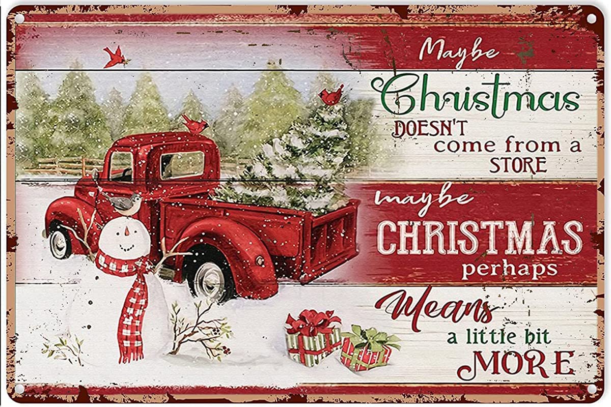 BABYSTER Print Christmas Tree Red Truck Winter Maybe Christmas Doesn't Come from a Store Vintage Tin Sign Novelty Funny Home Family Friend Gift Bathroom Courtyard Bar Pub Man Cave 12x8 Inch