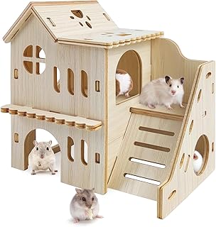 Hamster Hideout with Wooden House, Fun Slide, Double-Decker Hut & Maze - for Dwarf Hamsters, Gerbils, Mice, Small Animals