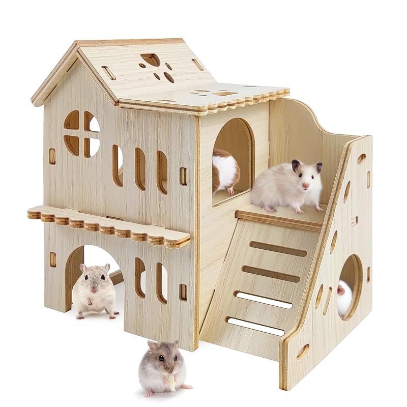 Casa de Madeira com Escorregador, Cabana de 2 Níveis e Labirinto para Hamsters e Pequenos Animais Holyenten
