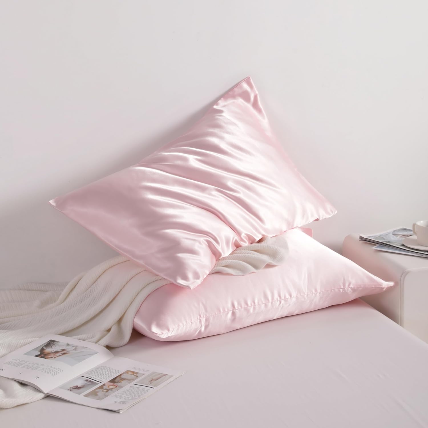 NTBAY 2 Pack Satin Standard Pillowcases for Hair and Skin, Luxurious and Silky Pillow Cases with Envelope Closure, 20x26 Inches, Light Pink