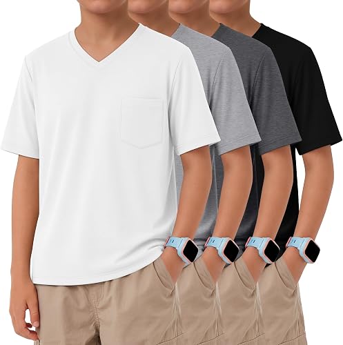 Vinsatin 4 Pack Boys' Short Sleeve T-Shirts V Neck, 4-Color, 5-6 Years