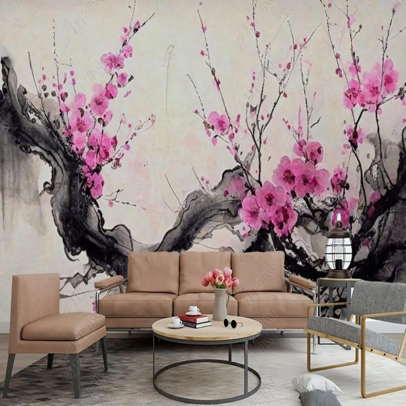 Papel pintado de flores de ciruelo negro para tapar imperfecciones con textura seda