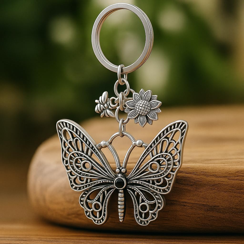 Vintage Butterfly Keychain - Antique Silver Floral Key Chains for Women, Rustic Bee & Flower Bag Charms, Boho Gift - Image 2