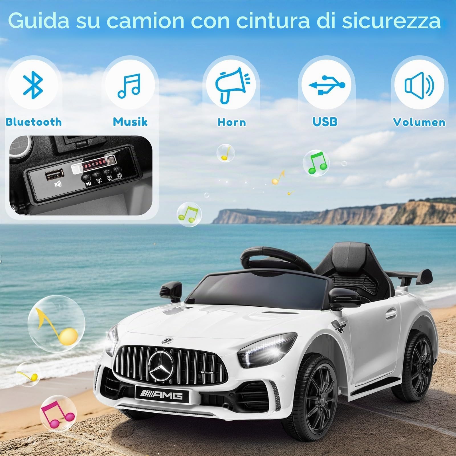 LALAHO Auto Elettrico per Bambini 12V GTR con Telecomando 2,4 GHz, Veicolo Elettrico a 2 Porte con MP3, Klaxon, Luci LED (Bianco)