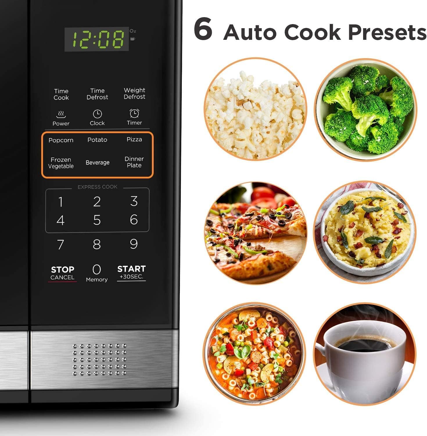 Digital Microwave Oven with Turntable Push-Button Door, Child Safety Lock, 1000W, 1.1cu.ft, Black & Stainless Steel, 1.1 Cu.ft