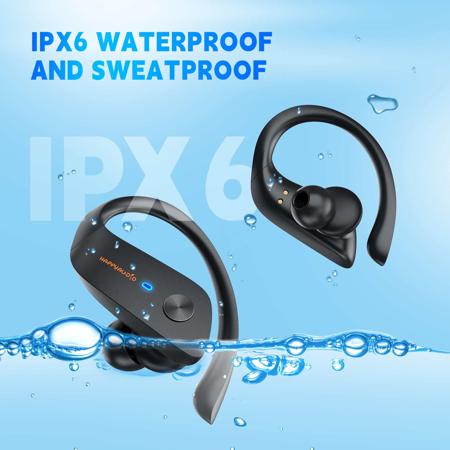 HAPPYAUDIO Ecouteurs Bluetooth sans Fil Sport,56H Ecouteurs Bluetooth Sport 5.3 HiFi Stéréo avec Antibruit - Ecouteurs sans Fil avec 2 ENC Mic,IP6 Étanche Bouton de Contrôle Écran LED