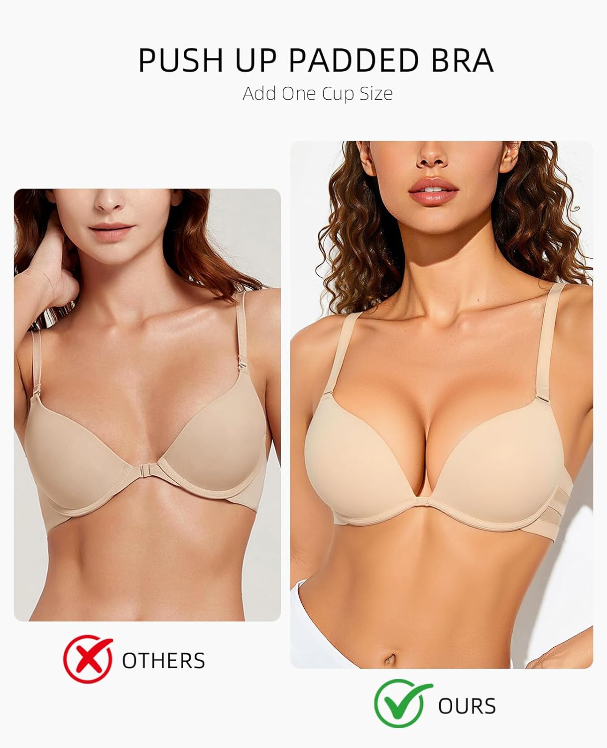 Upushall Push Up Padded Bra Plunge T-Shirt Bras for Women Add 2 Cup Sizes - Image 2