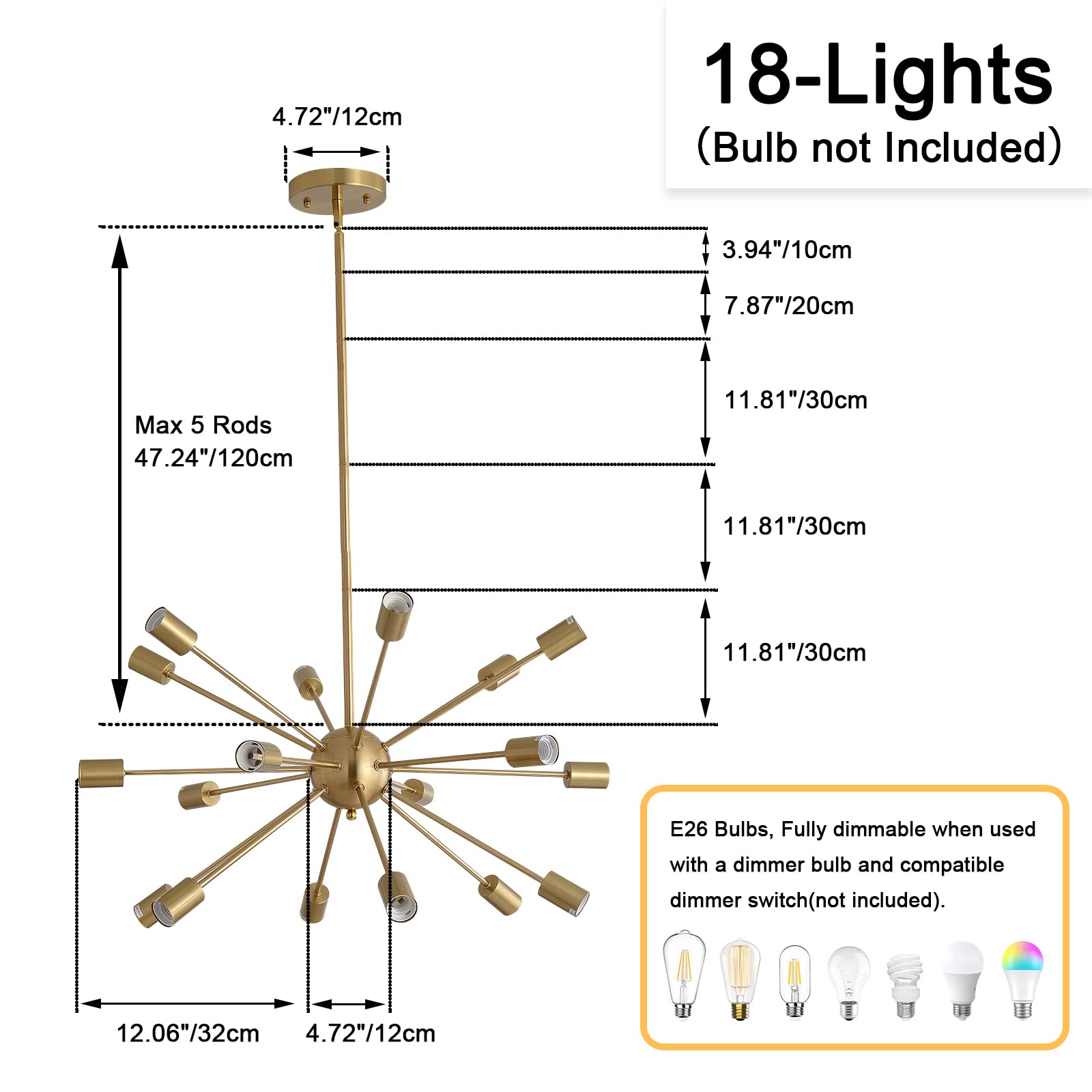 SARUDIIR 18-Light Sputnik Chandeliers Gold Modern Semi Flush Mount Ceiling Light Fixture Adjustable Height Hanging Lamps for Living Room Dining Room Kitchen Island Bedroom Hallway (Gold-18 Lights)