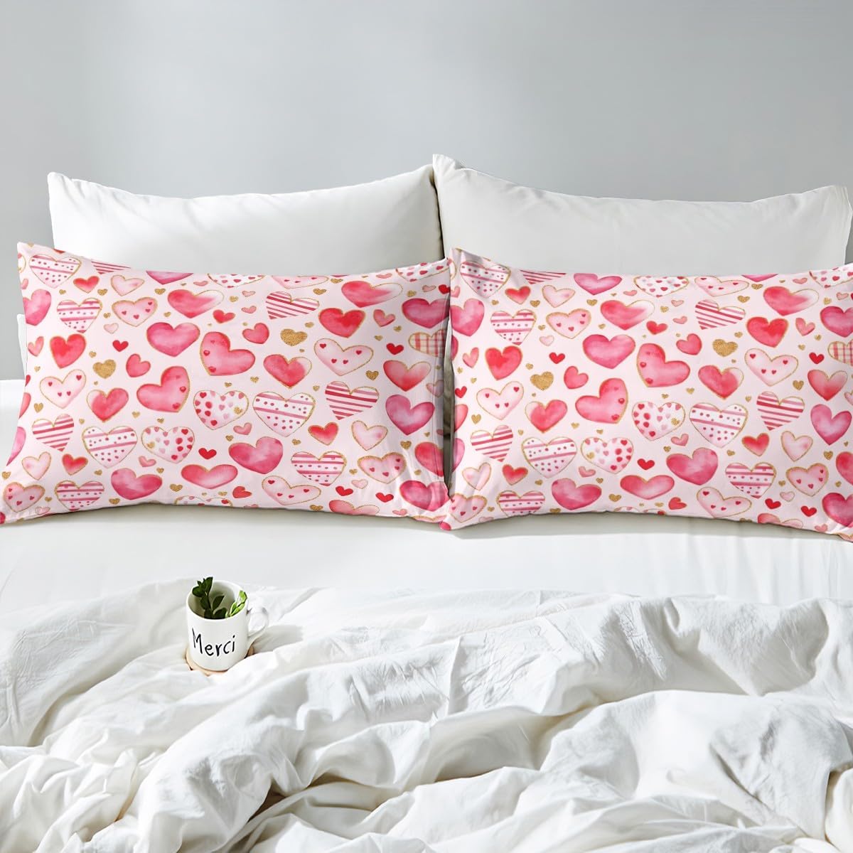 Valentine's Day Theme Duvet Cover Set Toddler Size,Watercolor Heart Shape Pattern Reversible Quilt Cover for Kids Boys Girls Pink Golden Tie Dye Print Bedding Set with 1 Pillowcase,No Comforter