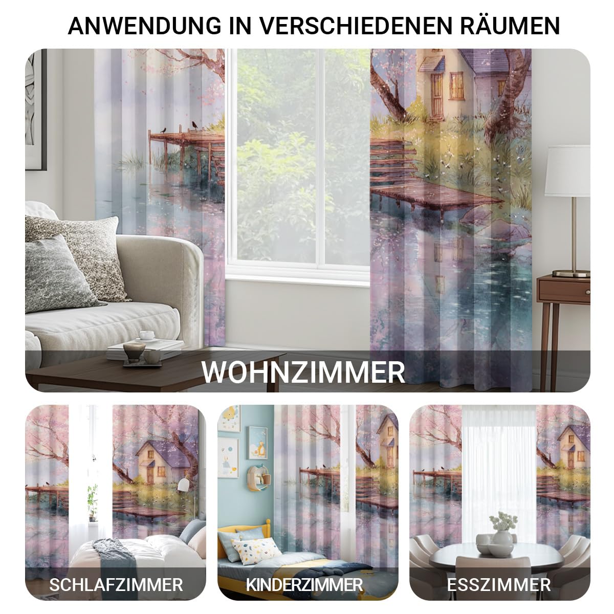 Generisch See Haus Vorhänge Aquarell Blume Vorhang Blickdicht, Gardinen mit Ösen 2er Set, Thermovorhang für Wohnzimmer Schlafzimmer Fenster Deko H 200 x B 85 cm K369p