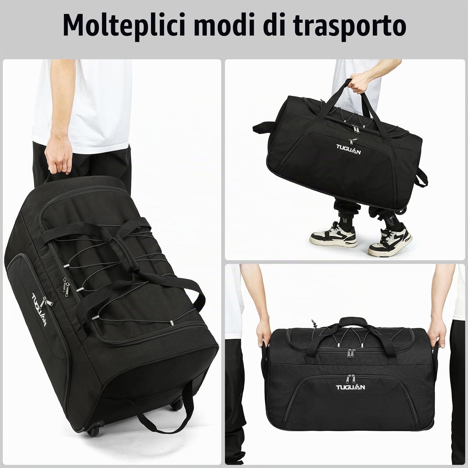 TUGUAN 110L Borsone da Viaggio Pieghevole con Ruote Grande XL Borsa Oxford con 2 Rotelle per Campeggio Traslochi Deposito Sport 28''/71 cm duffel bag, Nero