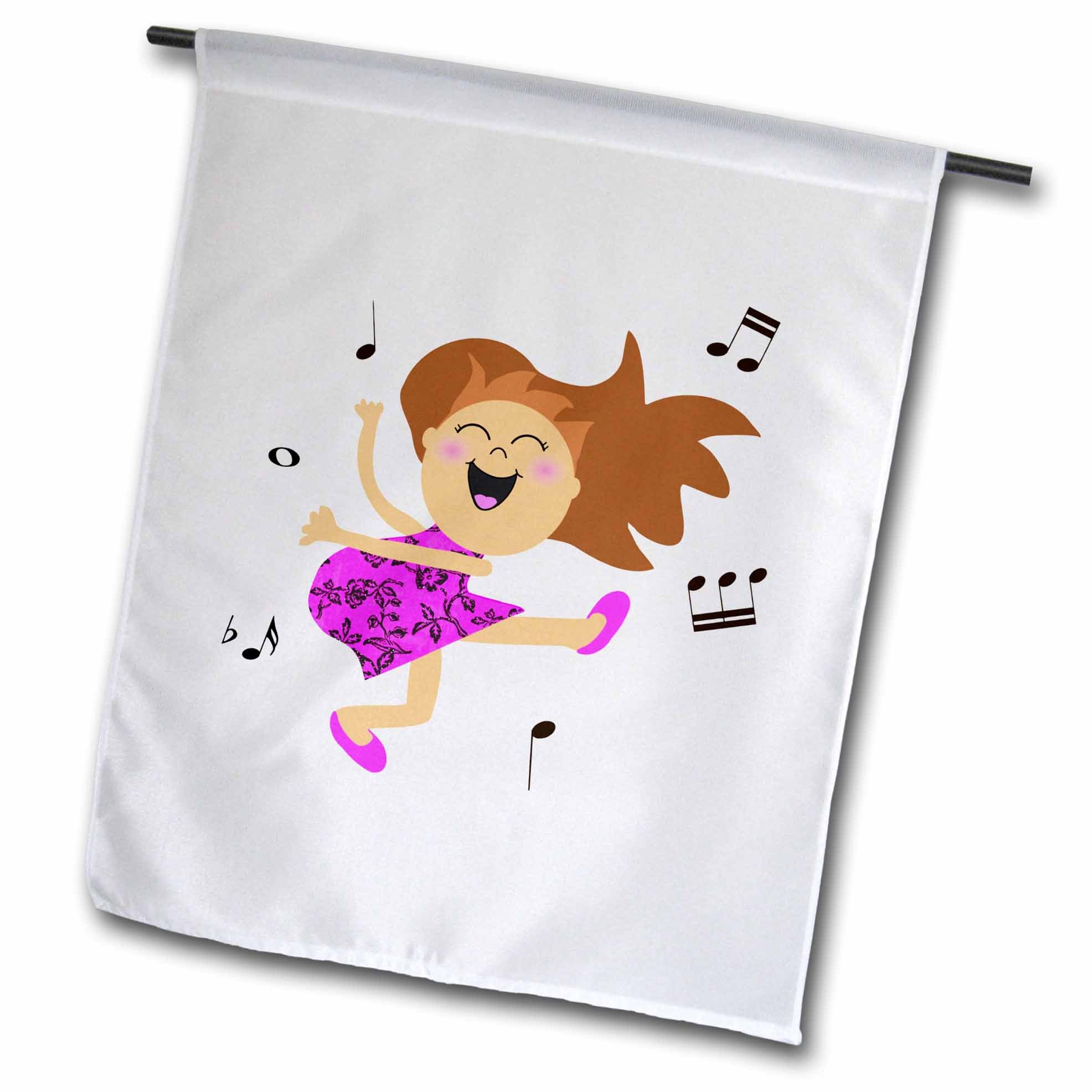 3dRose fl_120300_1 Cute Dancing Girl Cartoon in Hot Pink Dress Kawaii Happy Dancer Jive Party Swing Partying to Music Garden Flag, 12 by 18-Inch