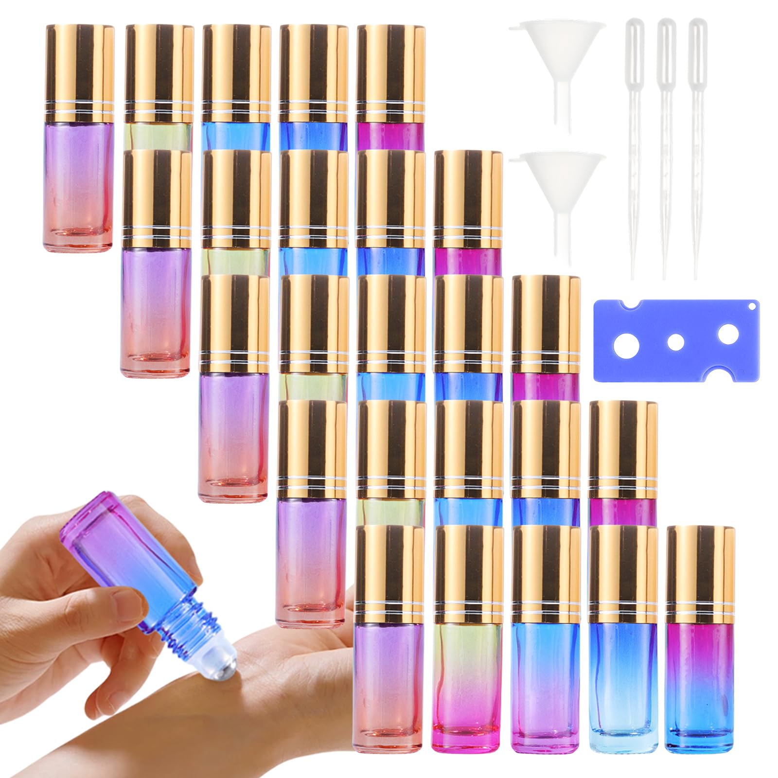 Botellas de rodillo de aceites esenciales: 25 unidades de 5 ml de color en botella vacía con embudo y abridor y paja, botellas de rodillo de cristal, para aceites esenciales de aromaterapia