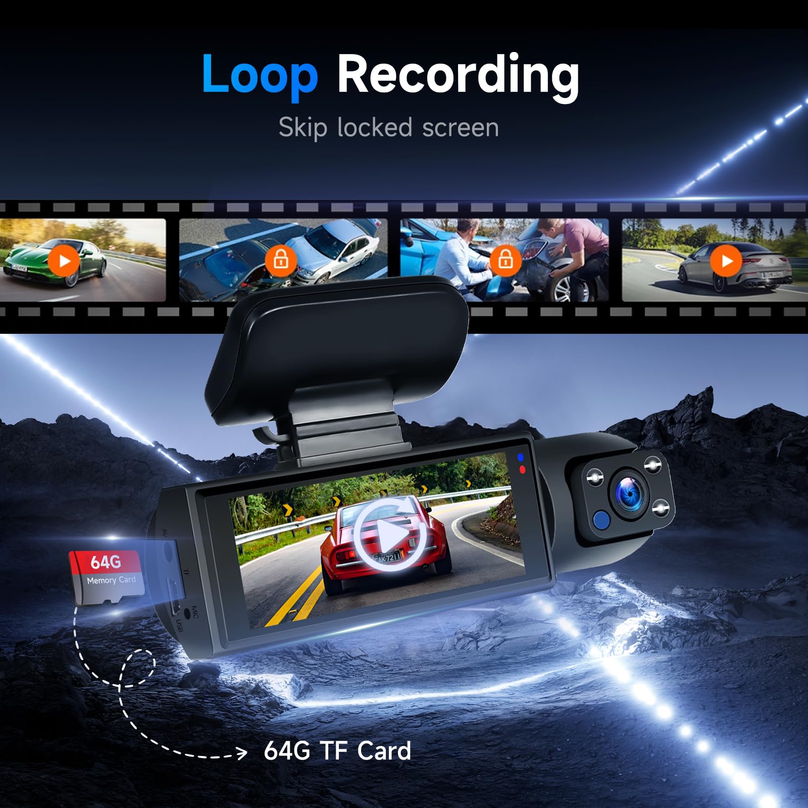 Dash Cam Avant et Interieur pour Voitures, FHD 1080P Camera Embarquée Voiture 3,16” IPS Dashcam, G-Capteur, Mode Parking, Enregistrement en Boucle, Caméra Voiture Vision Nocturne Carte SD 64G Hodozzy
