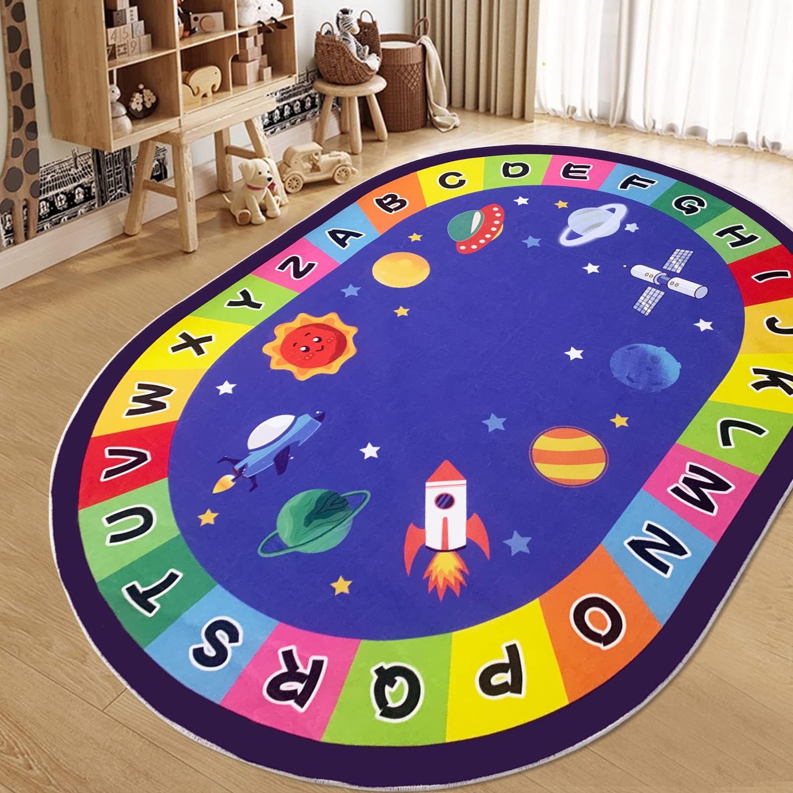 USTIDE Large Oval Educational Kids Rug Carpet 6.5x10Ft,ABC Alphabet Space Universe Planet Fun Classroom Rug Non-Slip Play Mat Learning Area Rug for Bedroom Playroom Decor