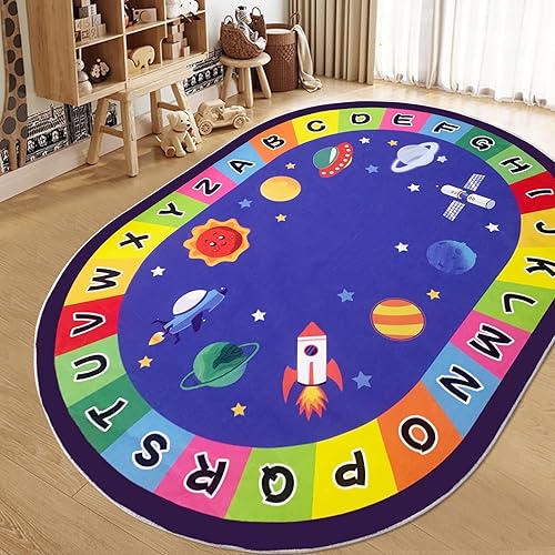 USTIDE Alfombra grande ovalada educativa para niños, 5 x 7, ABC alfabeto, planeta, divertida, alfombra antideslizante para juegos y sala de juegos