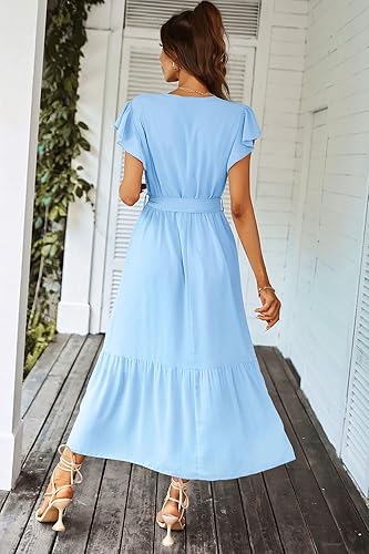 Miniatura 3 de PRETTYGARDEN - Vestido floral para mujer estilo bohemio, cruzado, con cuello en V, manga corta, con cinturón, dobladillo con volantes, acampanado