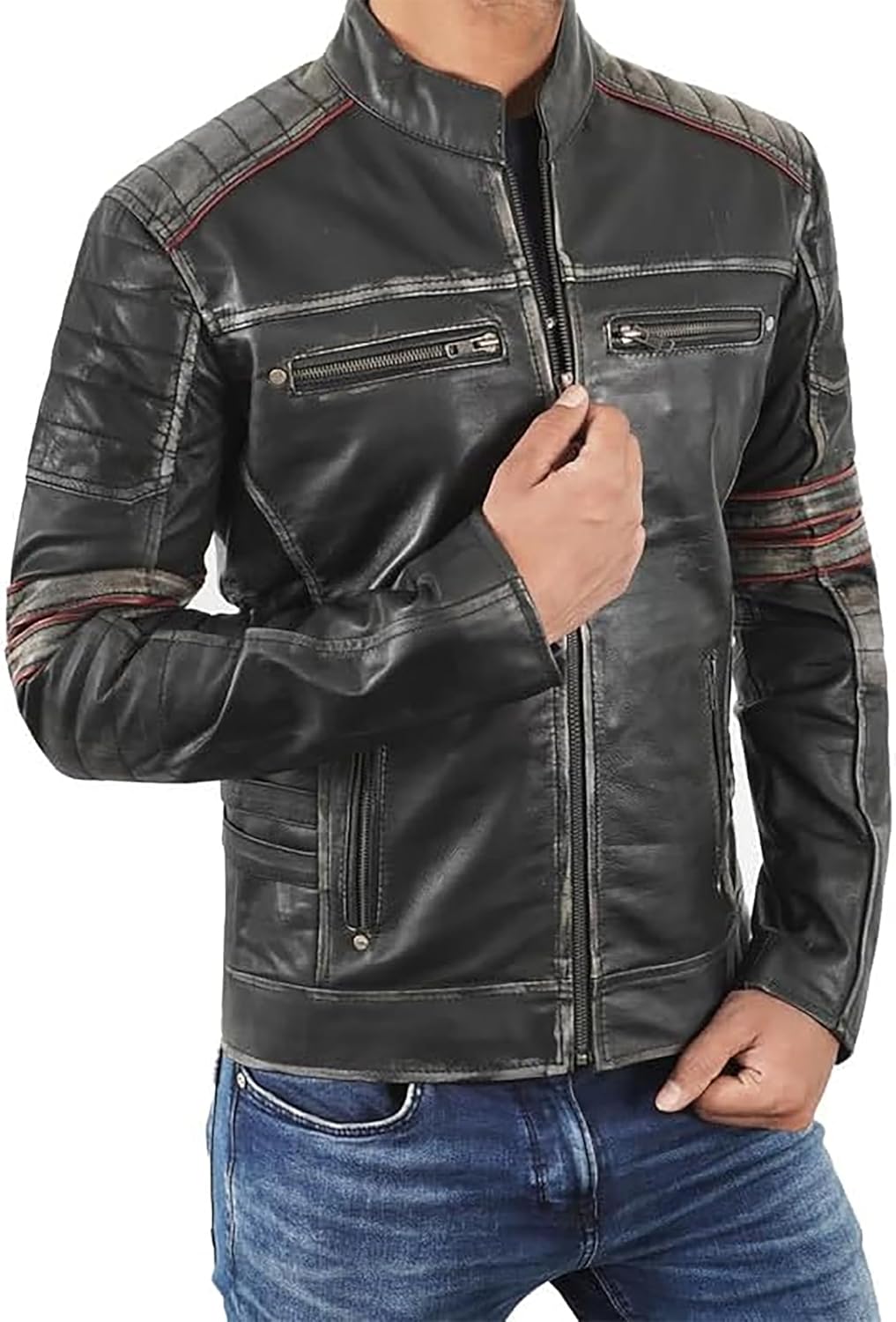 Retro Classic Mens Black Leather Jacket - Vintage Cafe Racer Style Motorcycle Distressed Leather Jackets for Men