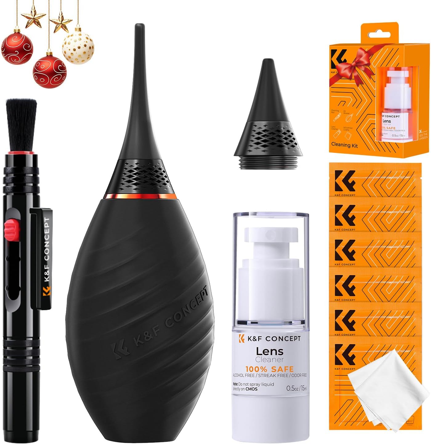K&F CONCEPT 10-in-1 Camera Lens Cleaning Kit for DSLR Camera Lens Filter Cell Phones with Advanced Silicone Air Blower*1+Short Nozzle*1+Long Nozzle*1+Cleaning Cloth*6+Cleaning Pen*1+15ML Cleaner*1