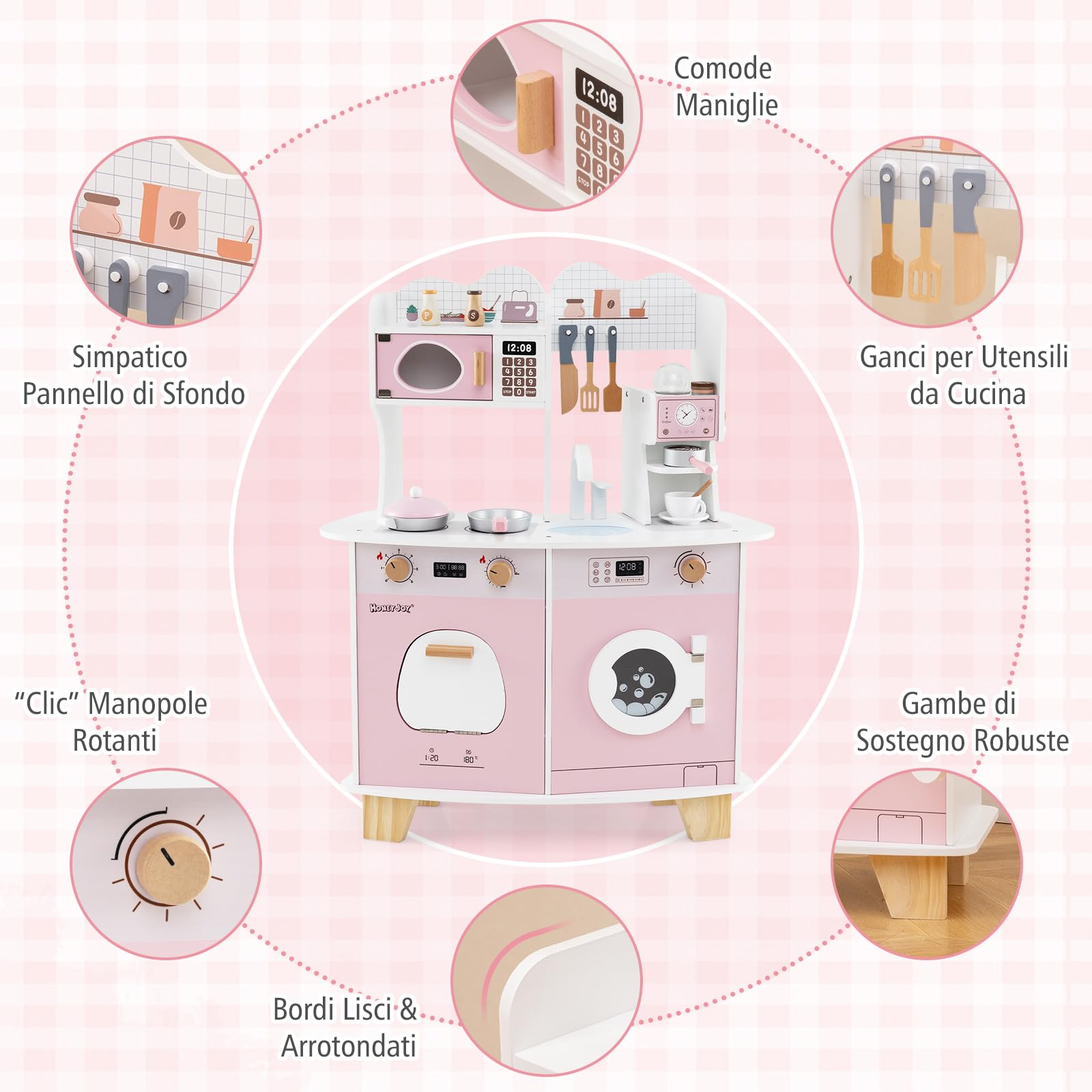 COSTWAY Cucina Giocattolo con Macchina da Caffè, Forno e Lavatrice, Cucina per Bambini in Legno con Microonde e Lavandino, Set Cucina con 13 Accessori, 70 x 30 x 88 cm, per Bambini 3+ Anni