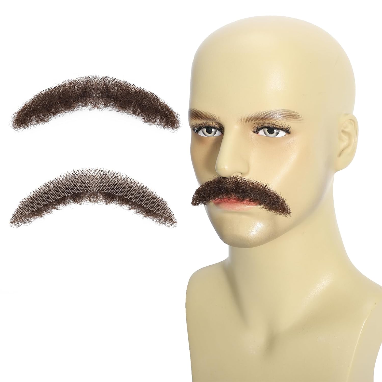Realistic Mustache with Human Hair, Soft and Natural Looking Fake Beards Costumes Facial Hair, Fake Beard with Invisible Lace for Men Cosplay, Halloween, Drama, Funny Party(Brown)