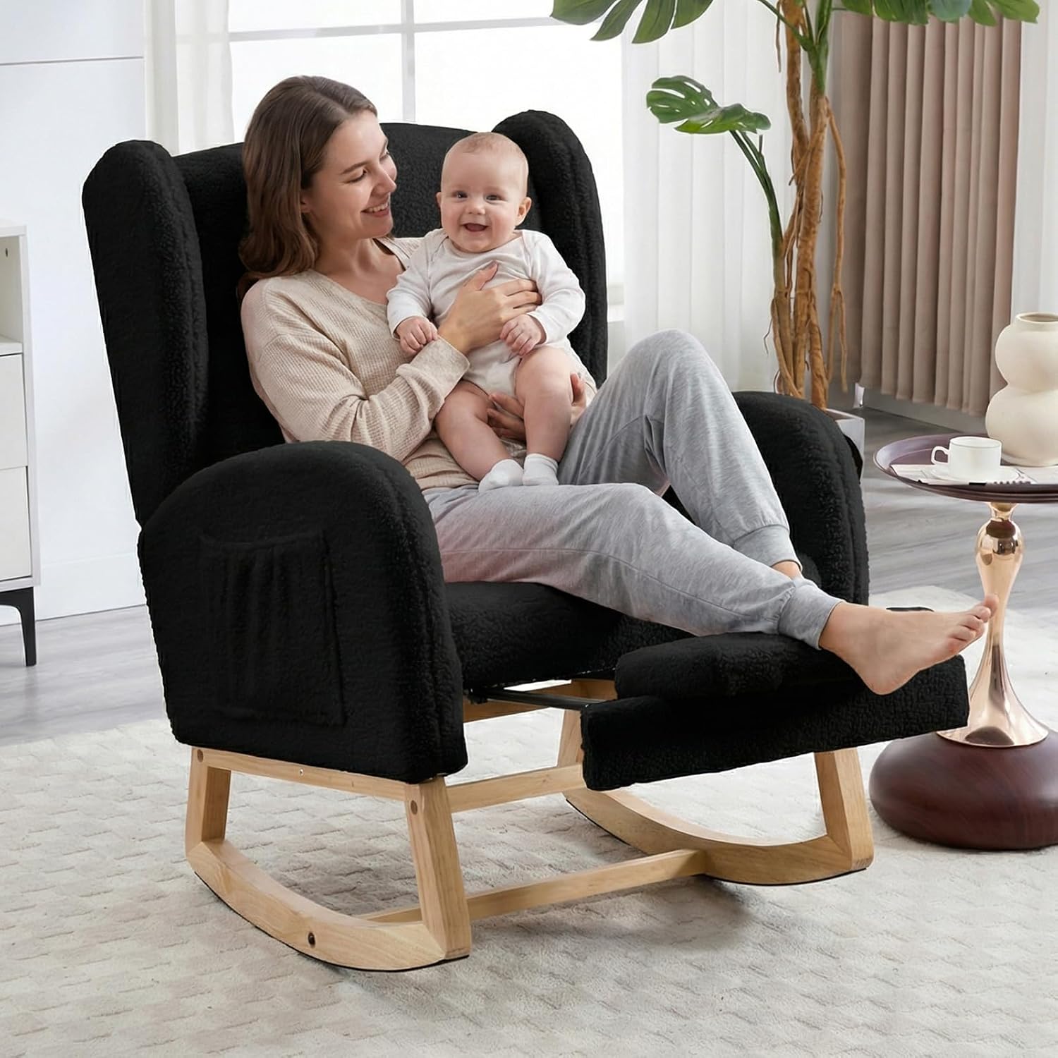 NIOIIKIT Nursery Rocking Chair with Footrest, Teddy Upholstered Glider Chair, Nursery Gliding Recliner with Side Pocket, Glider Rocker for Living Room (Black) thumbnail