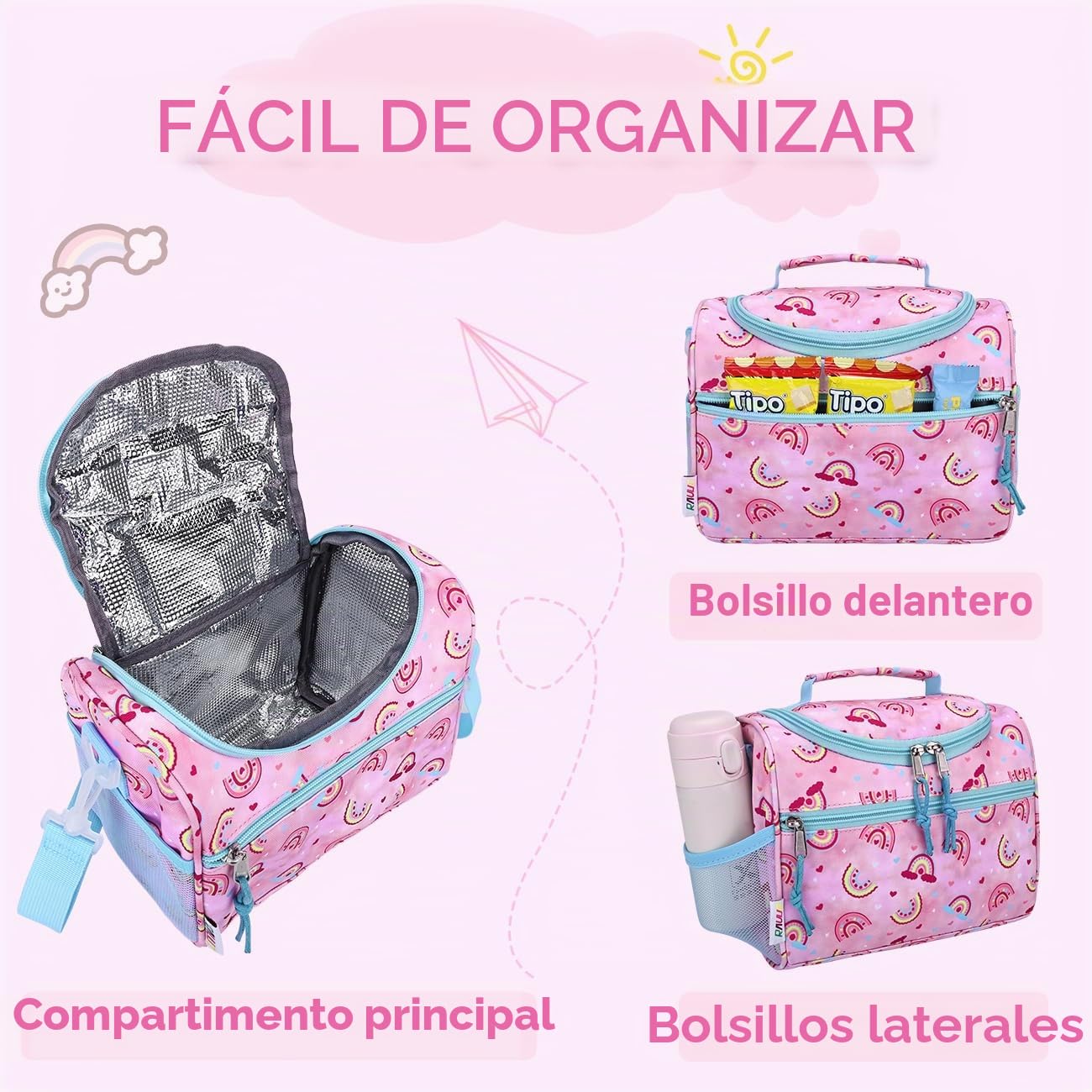 RAVUO Bolsa Termica porta Alimentos Infantil,Bolsa Almuerzo para Niños Niñas Bolsa Isotermica Loncheras con Correa de Hombro Ajustable para Escuela Guardería Picnic 6.5 L