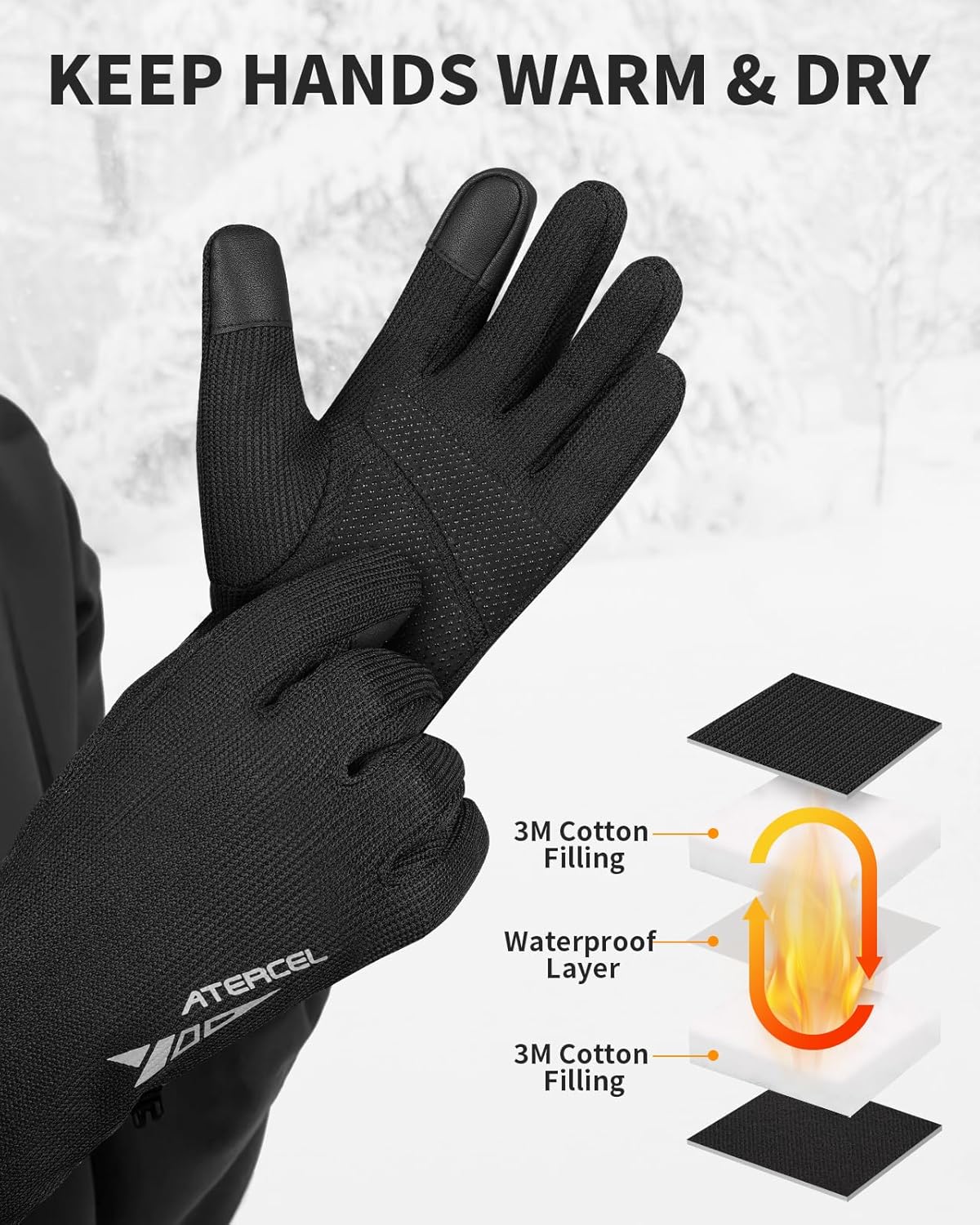 ATERCEL 3M Thinsulate Winter Gloves Men Women, Waterproof Thermal Cold Weather Gloves, Touchscreen Snow SKI Skating Gloves - Image 2