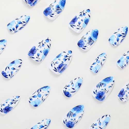 Miniatura 4 de Uñas postizas a presión, uñas postizas cortas de porcelana azul y blanca, uñas acrílicas de cobertura completa, uñas adhesivas brillantes, uñas