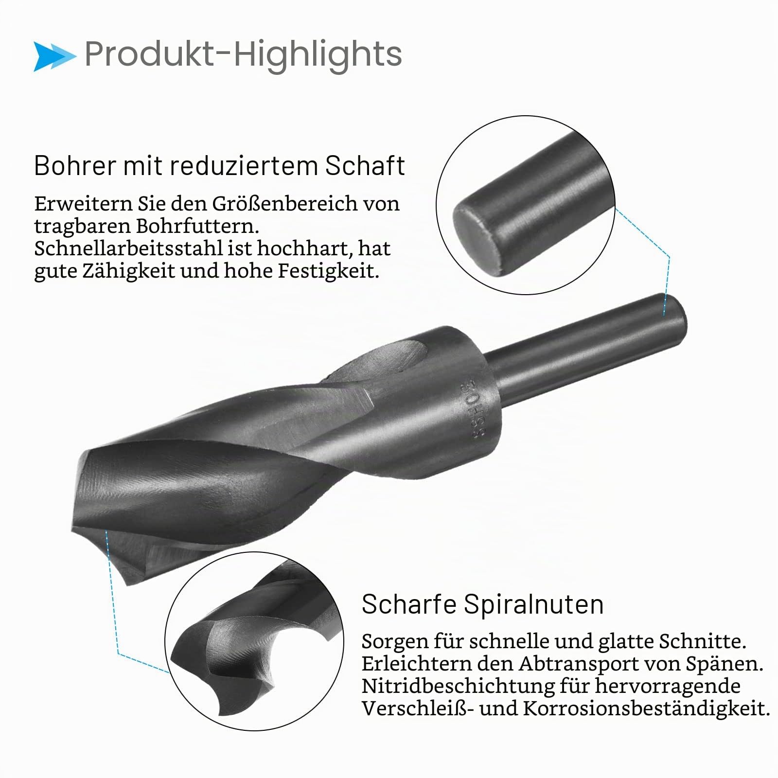 Verringert Schaft Spiralbohrer 30mm Schnitt Kante 1/2" Schaft Nitride Beschichtet Schnellstahl 9341 Drehung Bohreinsätze - (Anwendungen: für Edelstahl Metall Holz)