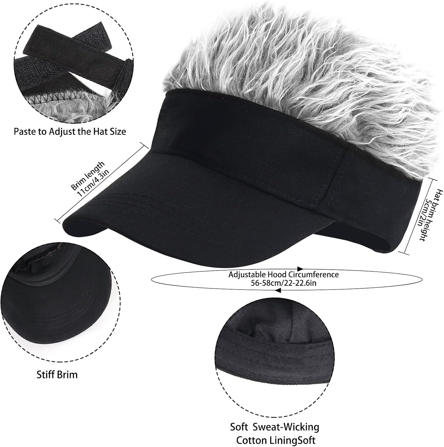 Mens Visor Hats with Spiked Wig Novelty Adjustable Baseball Golf Cap with Fake Hair - Image 7